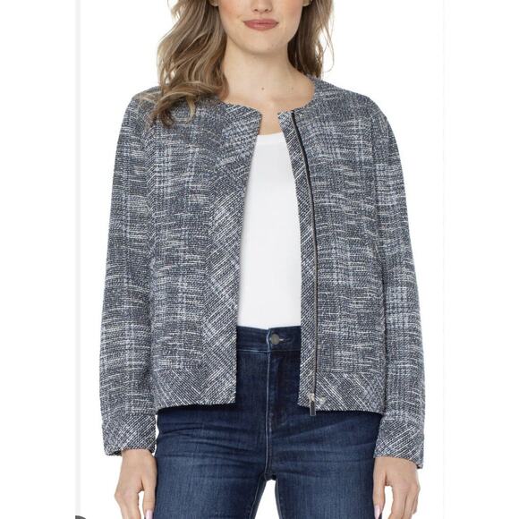 NWT Liverpool Women Collarless Zip Up Jacket Small Lightweight Boucle Tweed Blue - Picture 1 of 11